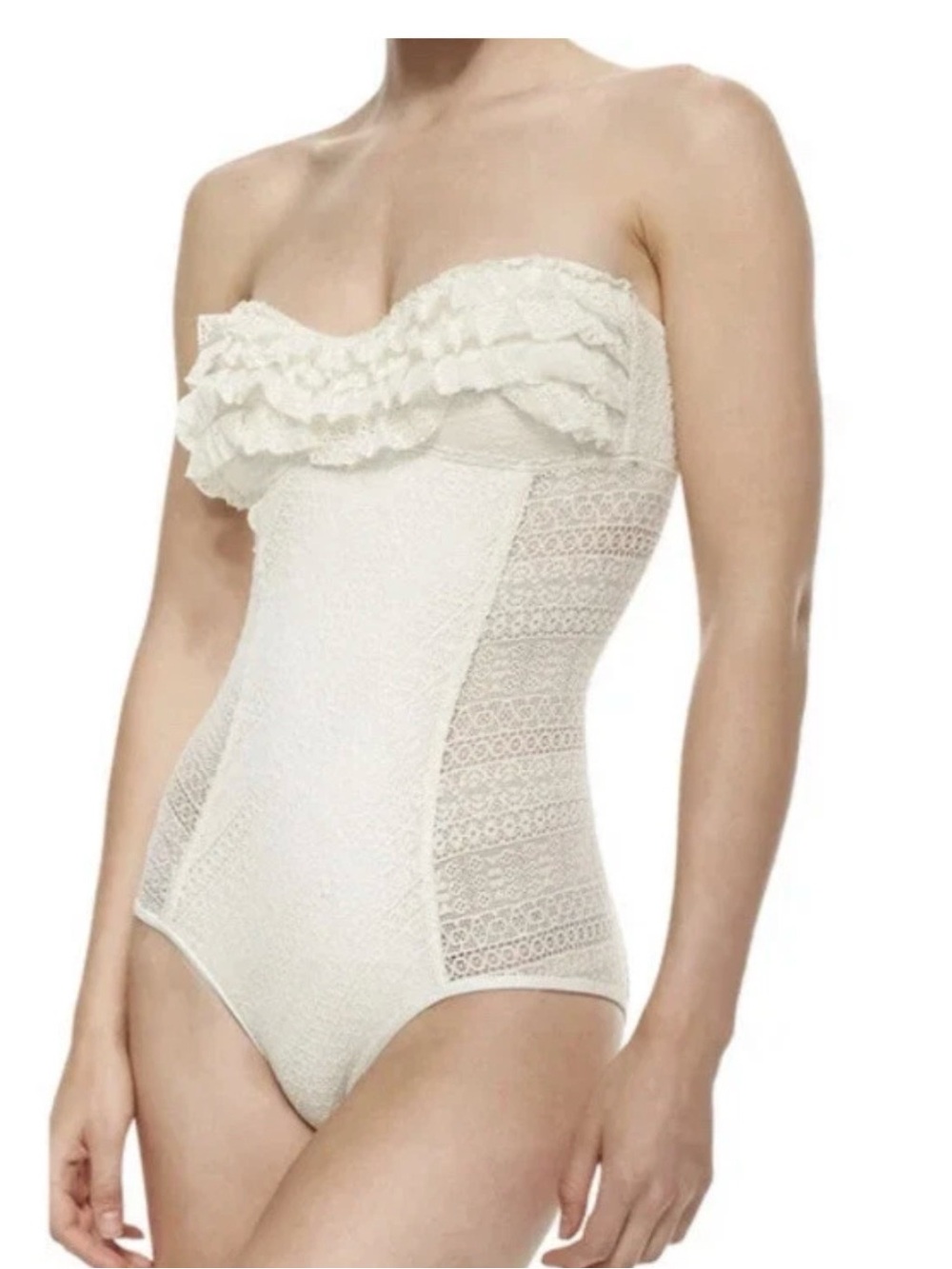 Juicy Couture NWT Strapless Bandeau Ruffle Lace One Piece Swimsuit Sz Med Halter